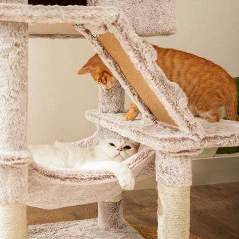 Rootz Scratching Post - Cat Tree - Cat Tower - Cat Scratching Post - Cat Tree With A Soft Cover - Scratching Post With Toy - Light Brown - 49 x 49 x 135 cm