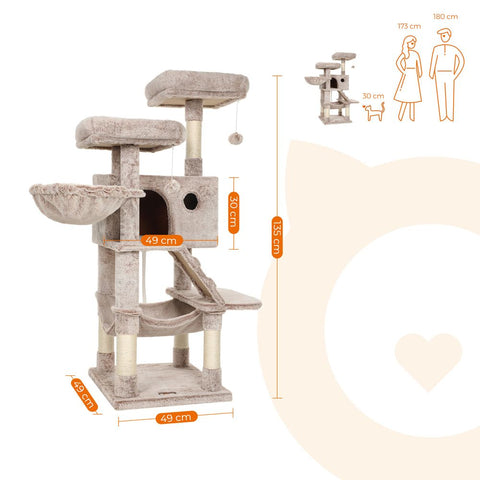 Rootz Scratching Post - Cat Tree - Cat Tower - Cat Scratching Post - Cat Tree With A Soft Cover - Scratching Post With Toy - Light Brown - 49 x 49 x 135 cm
