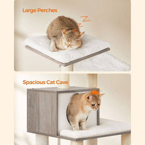Rootz Cat Tree - Scratching Post - Cat Tree With Platforms - Cat Climbing Tree - Cat Activity Tree - Cat Play Tree - Modern Cat Tree - Cat Tree House - Chipboard - Plush - Sisal -  Greige - 55 x 45 x 138 cm (L x W x H)