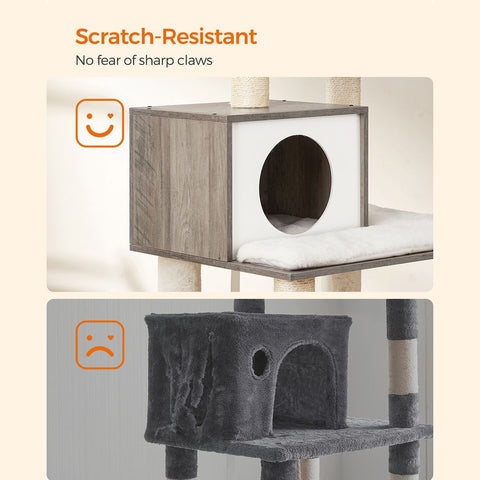 Rootz Cat Tree - Scratching Post - Cat Tree With Platforms - Cat Climbing Tree - Cat Activity Tree - Cat Play Tree - Modern Cat Tree - Cat Tree House - Chipboard - Plush - Sisal -  Greige - 55 x 45 x 138 cm (L x W x H)