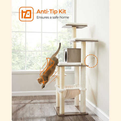 Rootz Cat Tree - Scratching Post - Cat Tree With Platforms - Cat Climbing Tree - Cat Activity Tree - Cat Play Tree - Modern Cat Tree - Cat Tree House - Chipboard - Plush - Sisal -  Greige - 55 x 45 x 138 cm (L x W x H)
