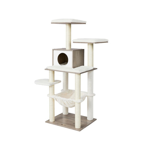 Rootz Cat Tree - Scratching Post - Cat Tree With Platforms - Cat Climbing Tree - Cat Activity Tree - Cat Play Tree - Modern Cat Tree - Cat Tree House - Chipboard - Plush - Sisal -  Greige - 55 x 45 x 138 cm (L x W x H)