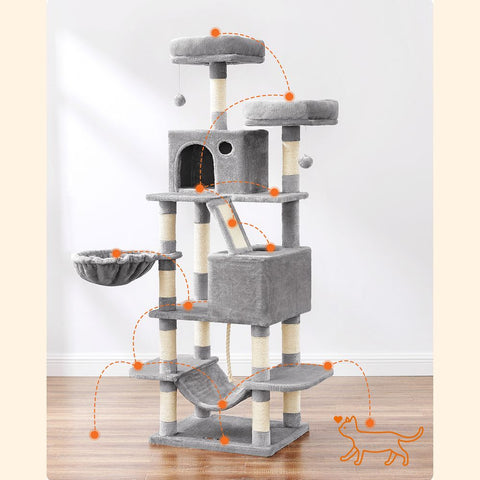 Rootz Cat Tree - Scratching Post - Cat Climbing Tree - Cat Activity Tree - Cat Play Tree - Modern Cat Tree - Cat Tree House - Chipboard - Plush - Sisal - Light Gray - 55 x 45 x 168 cm (L x W x H)