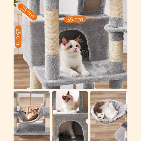 Rootz Cat Tree - Scratching Post - Cat Climbing Tree - Cat Activity Tree - Cat Play Tree - Modern Cat Tree - Cat Tree House - Chipboard - Plush - Sisal - Light Gray - 55 x 45 x 168 cm (L x W x H)