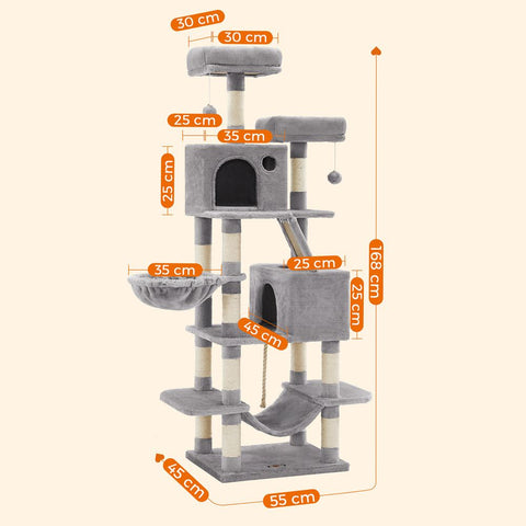 Rootz Cat Tree - Scratching Post - Cat Climbing Tree - Cat Activity Tree - Cat Play Tree - Modern Cat Tree - Cat Tree House - Chipboard - Plush - Sisal - Light Gray - 55 x 45 x 168 cm (L x W x H)