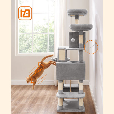 Rootz Cat Tree - Scratching Post - Cat Climbing Tree - Cat Activity Tree - Cat Play Tree - Modern Cat Tree - Cat Tree House - Chipboard - Plush - Sisal - Light Gray - 55 x 45 x 168 cm (L x W x H)