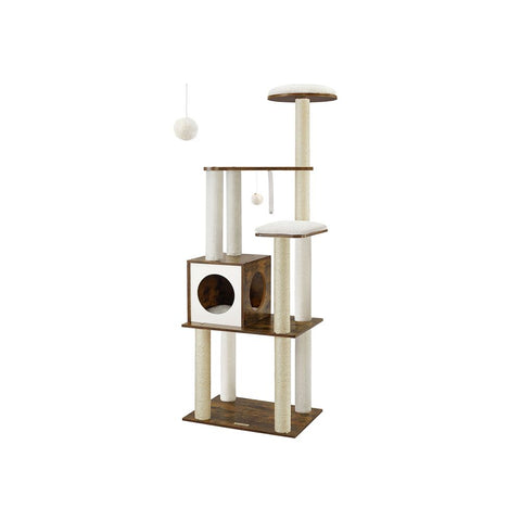 Rootz Scratching Post - Cat House - Cat Cave - With Toy Ball - Cat Tree - Greige - 58 x 40 x 165 cm (L x W x H)