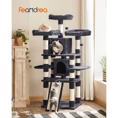 Rootz Cat Trees House - Double Floor - Change Direction - scratching post - 3 Viewing Platforms - Space-saving Cat - Carb Certified Chipboard Plush-sisal - Smoke Gray - 60 x 55 x 172 cm