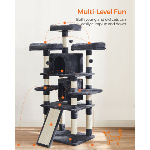 Rootz Cat Trees House - Double Floor - Change Direction - scratching post - 3 Viewing Platforms - Space-saving Cat - Carb Certified Chipboard Plush-sisal - Smoke Gray - 60 x 55 x 172 cm
