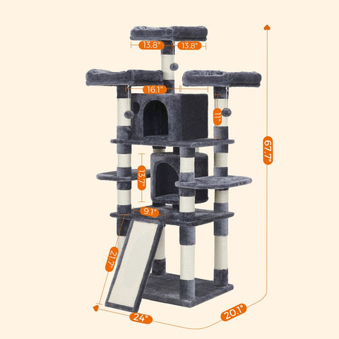 Rootz Cat Trees House - Double Floor - Change Direction - scratching post - 3 Viewing Platforms - Space-saving Cat - Carb Certified Chipboard Plush-sisal - Smoke Gray - 60 x 55 x 172 cm