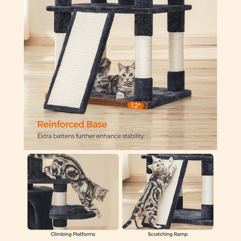 Rootz Cat Trees House - Double Floor - Change Direction - scratching post - 3 Viewing Platforms - Space-saving Cat - Carb Certified Chipboard Plush-sisal - Smoke Gray - 60 x 55 x 172 cm