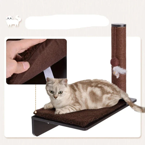 Rootz Climbing Wall Cats - Cat Lounger - Wall Scratching Post - Scratching Post Lounger - 53cm Cat Shelf - Cat Shelf With Ball Toy - Wall-mounted Cat Toy - Durable Cat Scratching Post - Cat Relaxation Shelf - Luxury Cat Wall Furniture - Brown