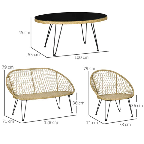 Rootz Tuinzitgroep - 4 Stuks - Rotan Look - Ovale Tafel - Twee Stoelen - Tweezits - Met Zitkussen - Staal - Beige - 128cm x 71cm x 79cm