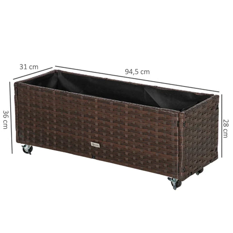 Rootz Raised Bed - Rattan Garden Bed - Flower Box - Poly Rattan with Wheels - Planter with Drainage Holes - Coffee Brown - 94.5 x 31 x 36 cm