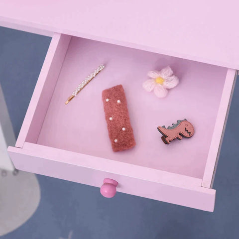 Rootz Children's Dressing Table - Dressing Table With Stool - Dressing Table With Drawer - Compartments - Mirror For Girls - Pine Wood - Pink - 60 x 34 x 93 cm