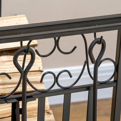 Rootz Firewood Stand With Fireplace Cutlery - Firewood Rack - Fireplace Tool - Steel - Black - 75 x 30 x 60 cm