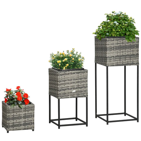 Rootz Raised Bed - Step Design - Three Plant Boxes - Rattan Look - Can Be Used Separately - Steel Frame - Gray - 40L x 40W x 100H cm