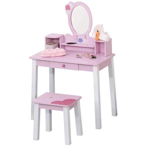 Rootz Children's Dressing Table - Dressing Table With Stool - Dressing Table With Drawer - Compartments - Mirror For Girls - Pine Wood - Pink - 60 x 34 x 93 cm