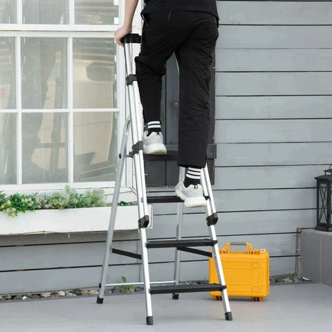 Rootz Aluminum Ladder - Work Ladder - Foldable Work Ladder - Non-slip - Rust-proof With Tool Tray - Aluminum - Silver - 45.5 x 82 x 145cm