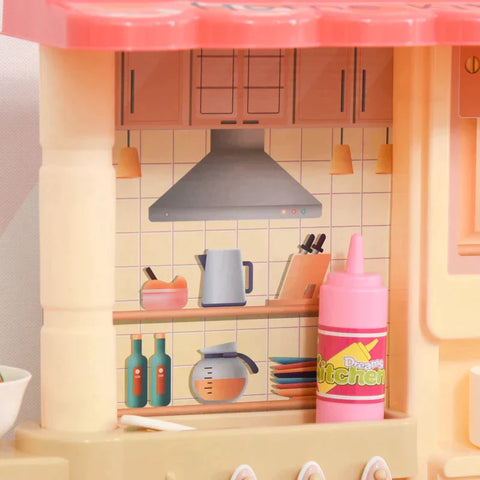 Rootz Children's Kitchen with Accessories - Play Kitchen - Kitchen Toys - Misting Water Spray - Lights - Music Functions Toy Set - Pink/Beige - 60 x 27 x 84 cm