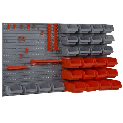 Rootz Pegboard - Perforated Tool Set - Wall Shelf - 44 Pieces Tool Board - Wall Holder Tool - Stackable Containers - Grey/Red - 63.5 x 22.5 x 95.5 cm