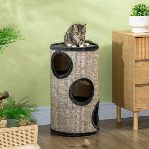 Rootz Scratch Barrel - Scratching Barrel - 3 Tier Scratcher Barrel - Includes Sisal Rope - Scratcher Pad - Cat Scratcher - Gray - 38cm x 38cm x 70cm