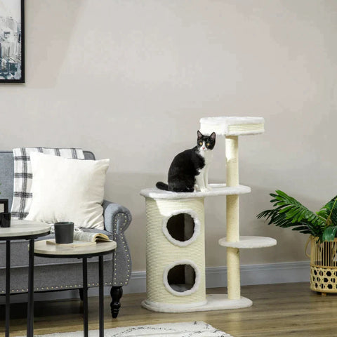 Rootz Scratching Post - With Scratch Barrel - 1 Cat Bed and Cat Toy - Off-White - 59cm x 35cm x 100cm