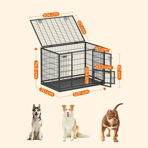 Rootz Dog Cage - Dog Cage With 2 Doors - Dog Crate - Dog Kennel - Heavy-duty Dog Cage - Metal Dog Cage - Steel - Black - 107 x 70 x 74.9 cm (L x W x H)