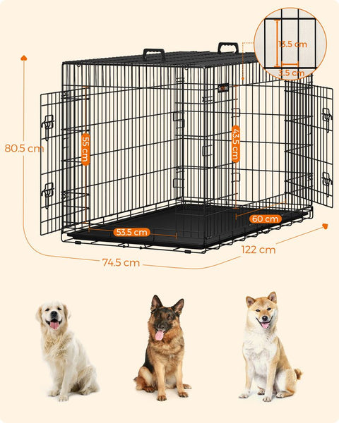 Rootz Dog Cage With 2 Doors - Two-door Pet Kennel - Folding Dog Crate - Versatile - Sturdy Dog Cage - Iron Wire - Black - 122 x 74.5 x 80.5 cm (L x W x H)