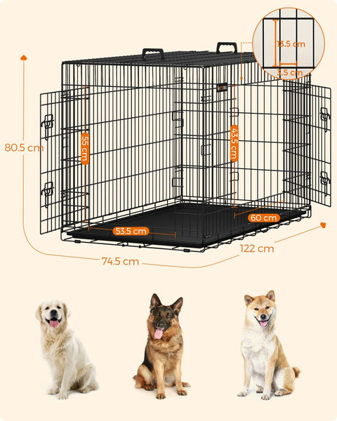 Rootz Hondenkooi met 2 deuren - Dierenkennel met twee deuren - Opvouwbare hondenbench - Veelzijdig - Stevige hondenkooi - Ijzerdraad - Zwart - 122 x 74,5 x 80,5 cm (L x B x H)