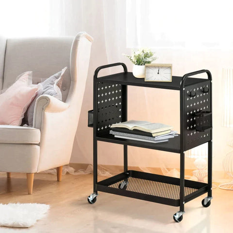 Rootz Kitchen Trolley - Trolley - Outdoor Serving Trolley - Serving Trolley - 3 Shelves Trolley - Steel - Black - 70 x 33.4 x 80.5 cm