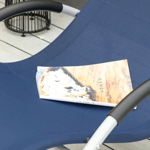 Rootz Schaukelstuhl – Schaukelliege – Gartenschaukelstuhl mit Kopfstütze – Schaukelstuhl – Gartenstuhl – Metall – Netzstoff Blau – 65 x 144 x 83 cm