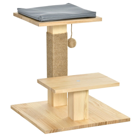 Rootz Wooden Scratching Post - Cat Tree - Climbing Tree With Jute - Cat Furniture - Scratching Board With Cushion - 2 Platforms - Stable Cat Toy - Natural - 40 x 40 x 43 cm