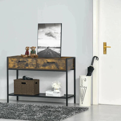 Rootz Console Table With 2 Drawers - Industrial Style - Living Room - Bedroom - Rustic Brown - 110 cm x 40 cm x 80 cm