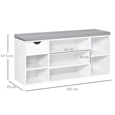 Rootz Shoe Bench - Shoe Storage Bench - Shoe Bench With Cushion - 7 Compartments - Adjustable Shelves - White/Grey - 101 cm x 29 cm x 47.5 cm