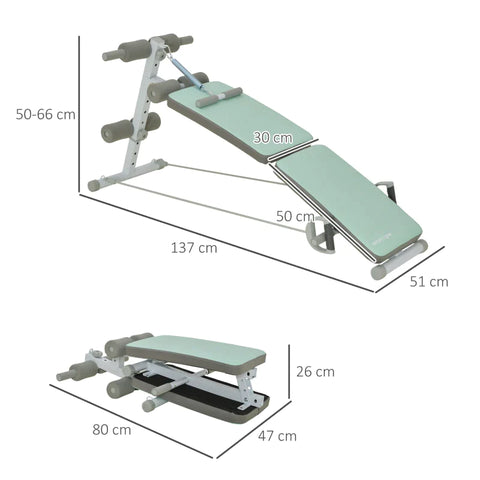Rootz Training Bench - Abdominal Trainer - Height Adjustable - Foldable - 2 Resistance Bands - Steel - Green - 51 x 137 x 50-66 cm