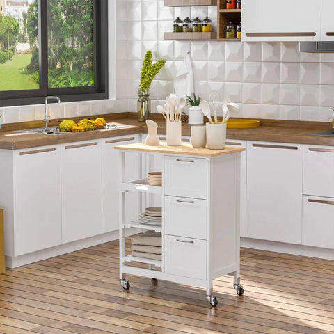 Rootz Serving Trolley - Country House - Style Kitchen - Trolley Kitchen - Island Kitchen - Trolley 3 Drawers - Pinewood - Natural+White - 67L x 37W x 87H cm
