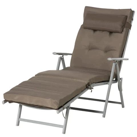 Rootz Garden Lounger - Sun Lounger - Beach Lounger - Foldable - Adjustable - With Cushion - Metal/Fabric - Brown/Silver - 137 x 63.5 x 100.5 cm