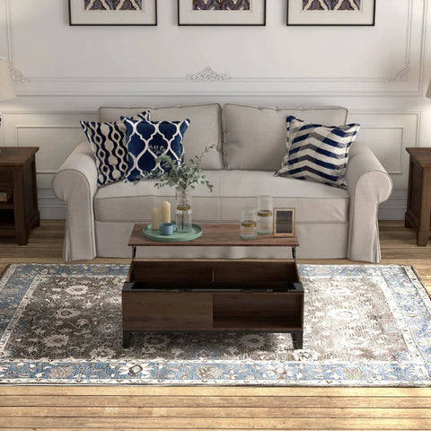 Rootz Side Table With Lifting Function - Hidden Storage Compartment - Walnut Wood Look - Steel Frame - Chipboard - Walnut + Black - 102 x 58 x 35.5 cm