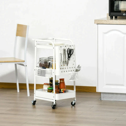 Rootz Kitchen Trolley - Trolley - With 3 Shelves And Side Panel - Steel/PP - White - 51.5 x 32 x 75.6 cm