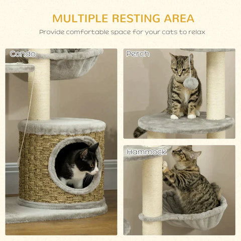 Rootz Scratching Post - Cat Climbing Tower - Cat Tree - Cat Cave - Cat Bed - With Hanging Ball - Light Grey - 60cm x 40cm x 115.5cm