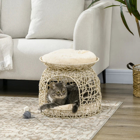 Rootz PE Rattan Cat House - 2 Tier Cat Cave with Cushion - Beige - 42cm x 42cm x 40cm
