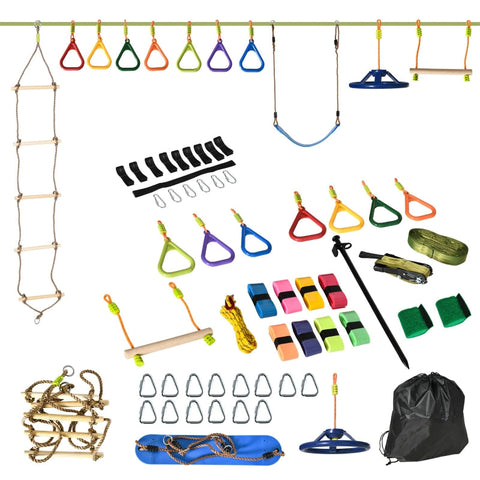 Rootz Climbing Rope Set - Ninja Slackline Set - 13 M Hanging Obstacles - For 3-14 Years Children - Children Climbing Training Rope - Training Equipment - With Monkey Bars - Rope Ladder - Swing - Gym Rings