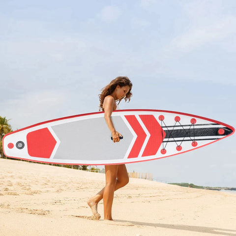 Rootz Surfbrett – Aufblasbares Surfbrett – Stand-Up-Board mit Paddel – faltbar – EVA – rutschfest – Weiß + Rot – 320 L x 76 B x 15 H cm