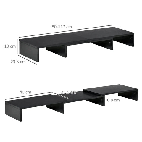Rootz Monitor Stand - 3 Shelves - Length Angle Adjustable - Double Screen Stand - Wooden Shelf - Monitor Holder for Computer - Black - 80-117 x 23.5 x 10 cm