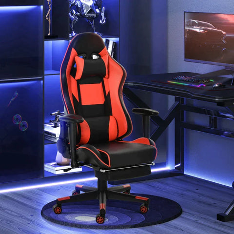 Rootz Gaming Stuhl – Bürostuhl – Ergonomischer Drehstuhl mit Kopfstütze – Stuhl mit Wipp- und Liegefunktion – Lendenkissen – 90–160° Neigungswinkel – Kunstleder – Schwarz + Rot – 72 x 72 x 121–130 cm