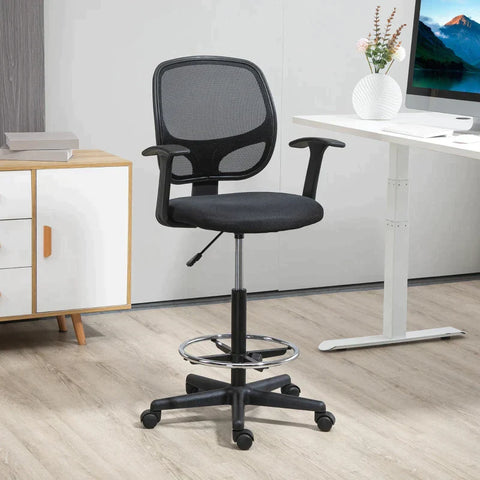 Rootz Drawing Chair With Footrest - 5 Castors - Height-adjustable - Steel - Mesh Fabric - Black - 60L x 56W x 132H cm