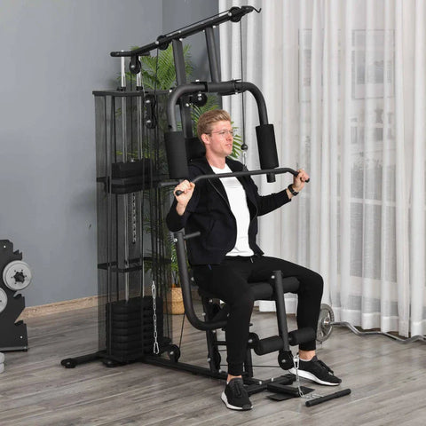 Rootz Gym Power Station - Fitnessstation - Multigym Fitnesscentrum - Fitnessapparatuur - Inclusief gewichten - Lat Pulldown - Leg Curl - Metaal - PU Kunstleer - Zwart - 150 x 110 x 210 cm
