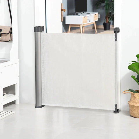 Rootz Pet Gate - Stair Gate - Extendable Door Gate - Roll One-hand Operation Door Gate - Stair Protection Barrier Gate For Dog - Door Protection - White - 140 x 10.5 x 88 cm