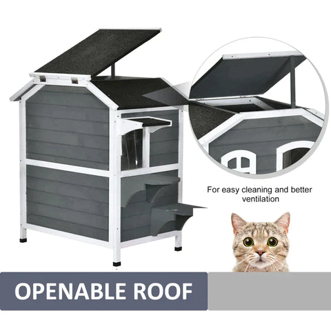 Rootz Kattenhuis - Kattenhut - Kattenhuis met 2 verdiepingen - Waterdicht Kattenhuis - Asfaltdak - Dennenhout - Grijs - 78 x 55,5 x 91 cm